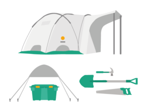 Illustration von einem ShelterBox Zelt, eine ShelterBox und Werkzeug
