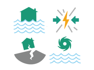 Illustration von Überschwemmungen, Erdbeben, Taifunen und Stürmen