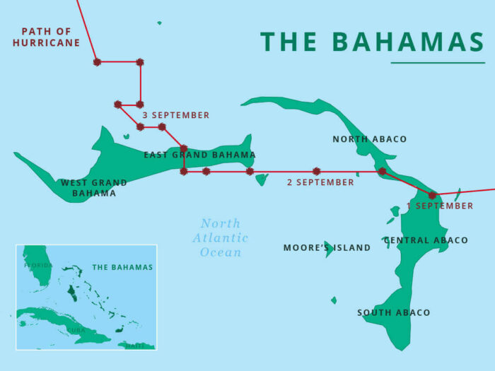 Eine Karte, die den Pfad des Wirbelsturms Dorian zeigt