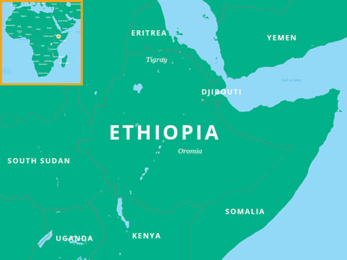 Karte von Äthiopien mit Hervorhebung von Tigray und Oromia