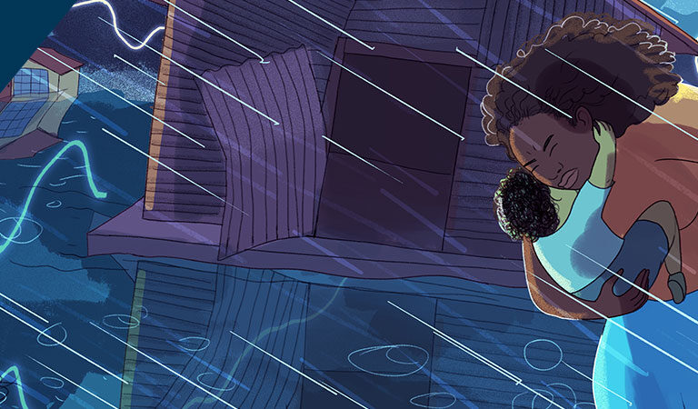 illustration of family walking through storm