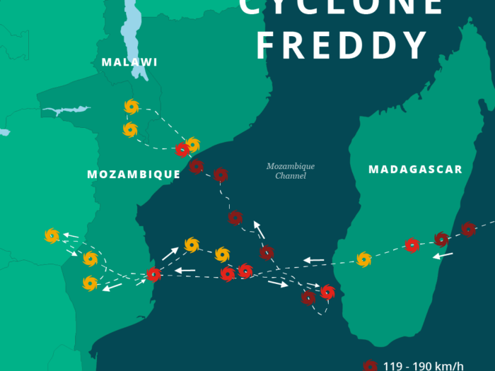 Eine Karte, die den Pfad des Wirbelsturms Freddy aufzeigt