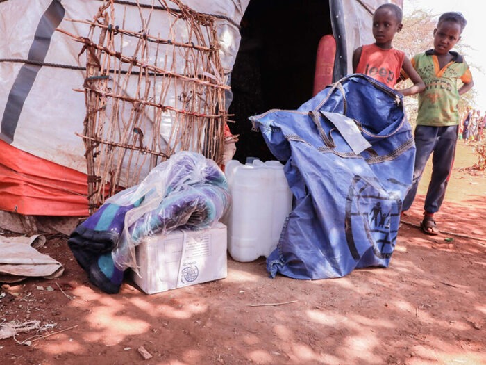 Aid outside a shelter in Ethiopia