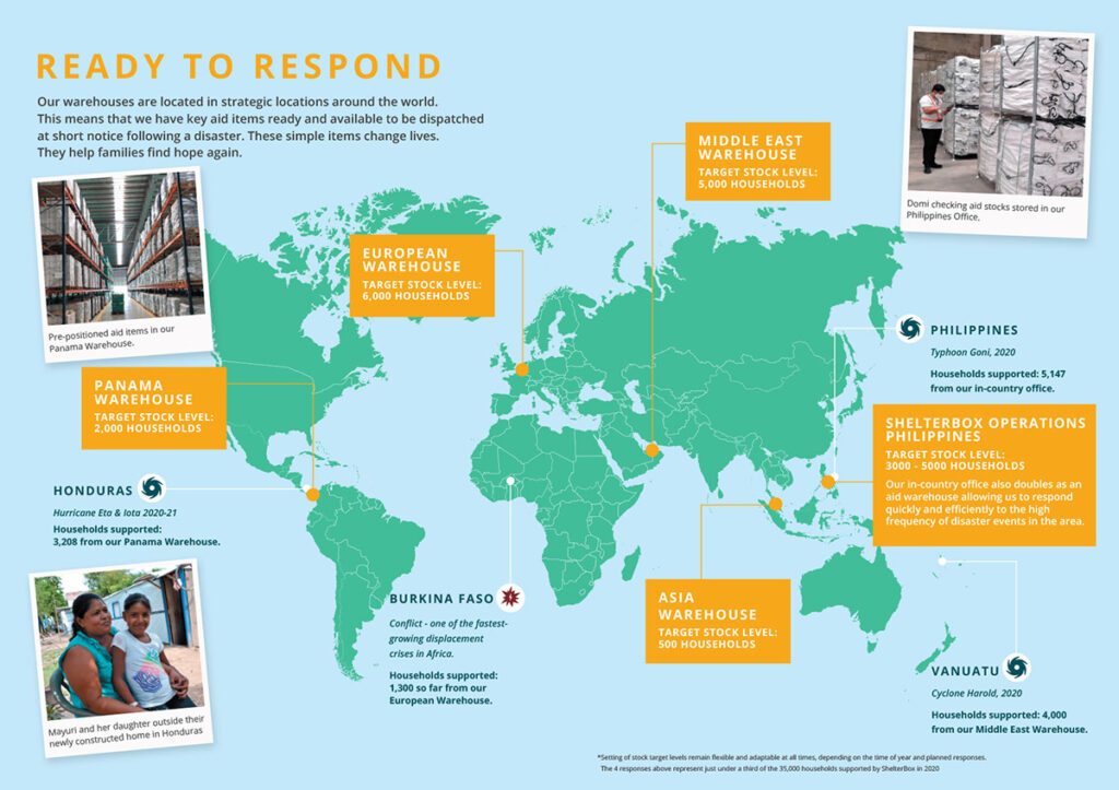 Map showing the location of five ShelterBox warehouses around the world