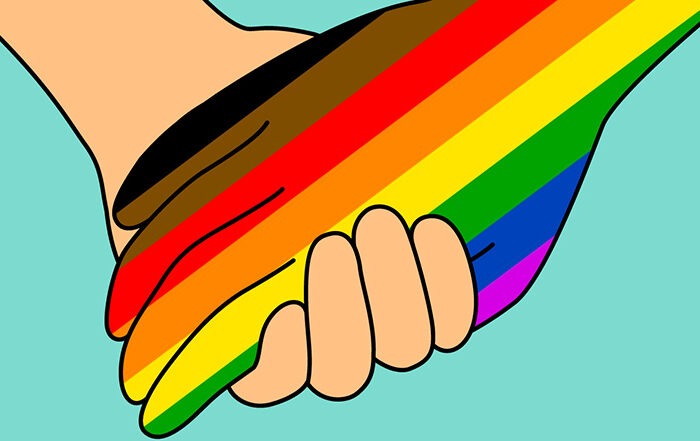 Zeichnung einer Hand in Regenbogenfarben, die LGBTQIA+-Personen repräsentiert und eine Hand hält.
