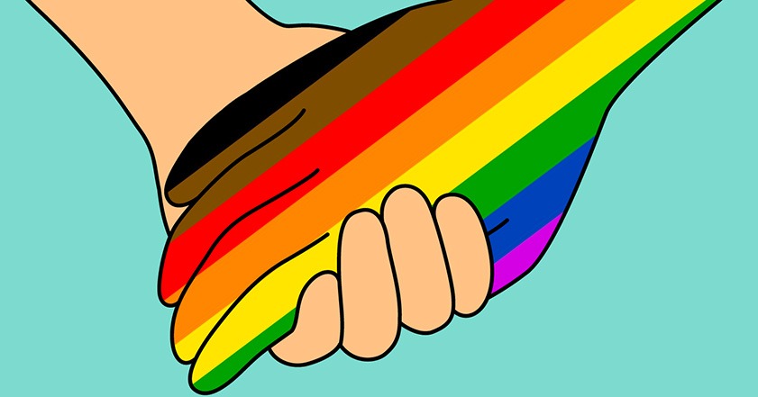Zeichnung einer Hand in Regenbogenfarben, die LGBTQIA+-Personen repräsentiert und eine Hand hält.
