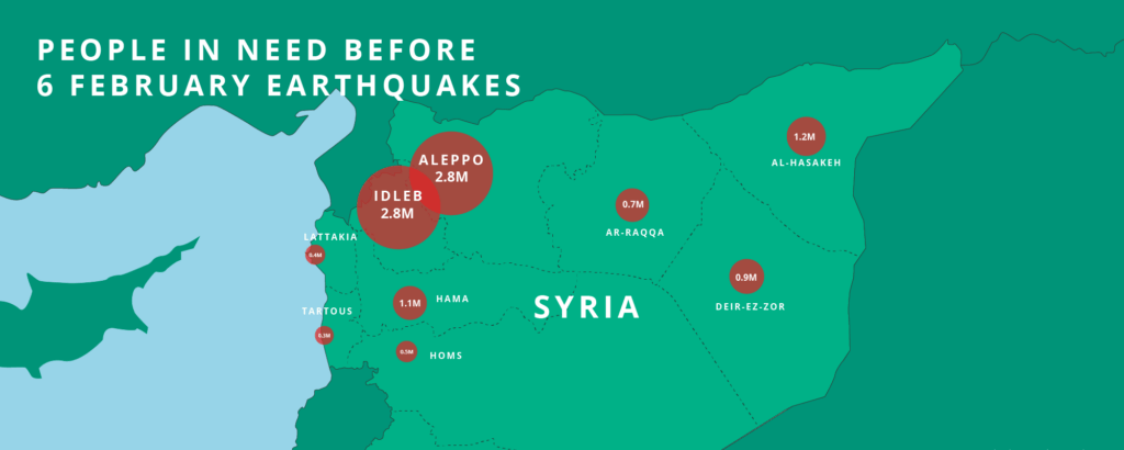 Karte von Syrien mit den Standorten und der Anzahl der Menschen in Not in verschiedenen Regionen des Landes vor den Erdbeben im Februar 2023.
