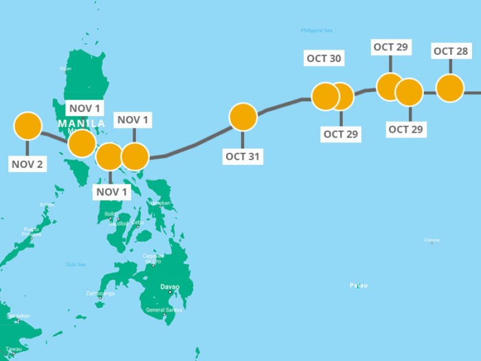 Karte, die den Pfad des Taifuns Goni in den Philippinen 2020 aufzeigt