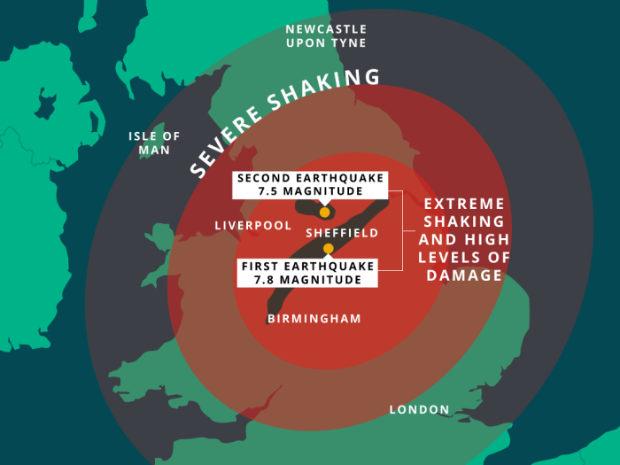 Map showing scale of earthquake in Turkey and Syria if it had impacted the UK