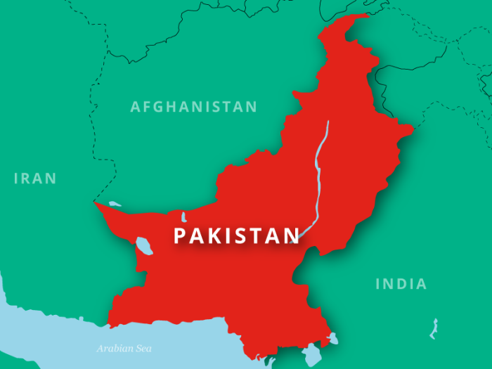 Karte mit der Lage Pakistans, rot markiert