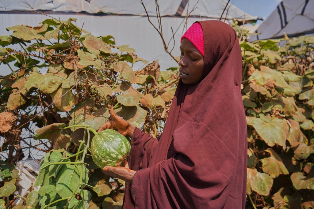 Frau mit einem Kürbis, den sie in Somalia angebaut hat